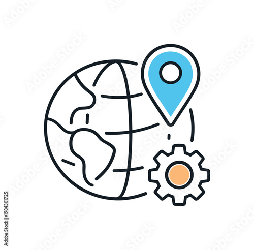Geolocation detection and automatic region-based personalization in digital services, a simple globe combined with a location pin and a small gear representing adaptive