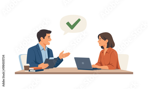 A manager providing constructive feedback to an employee in a professional setting, represented by two people sitting across from each other with a simple speech bubble