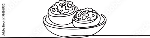 Continuous one line of a pair of stuffed mushrooms on a small bowl, symbolizing savory bite and elegance.one line drawing vector illustration
