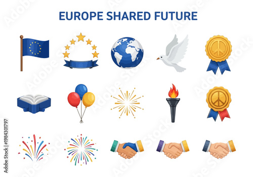 Set of European Union symbols and icons representing unity, peace, and shared future