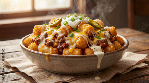 Hearty Chili Cheese Tater Tot Nachos with Jalapenos and Sour Cream
