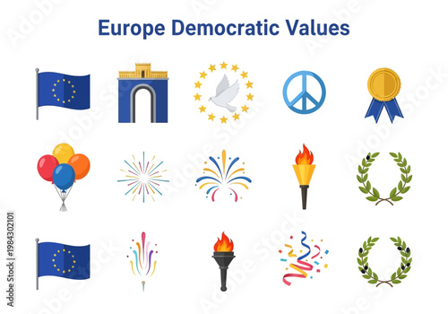 Europe Democratic Values Icons Flag, Arch, Peace, Laurel Wreath, Torch, Confetti