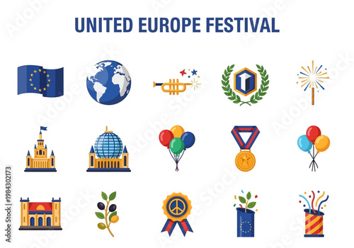 Collection of European cultural symbols and celebratory icons for a United Europe Festival