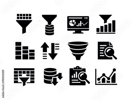 Data filtering and analytics: database filter, data pipeline funnel, analytics dashboard, chart with filter, segmented bars, data sorting arrows, filter layers, report