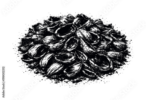 A dense cluster of dried seed husks and broken shells shown in a slightly elevated view, enlarged to dominate the frame as a fragmented organic mass on a clean white