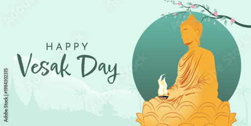 Happy Vesak Day Pastel Illustration with Golden Buddha Statue, Nature Silhouette, and Calm Spiritual Background Scene