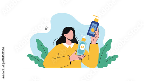 Woman holding two different bottles of skincare or cosmetic products while making a choice for her daily beauty and personal care routine.