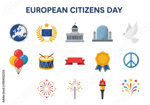 Set of European Citizen Day icons with symbols of unity, peace, and celebration