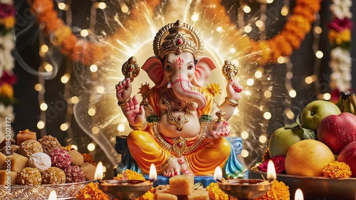 Ganesha deity statue with offerings for commercial backgrounds, digital design, and advertising