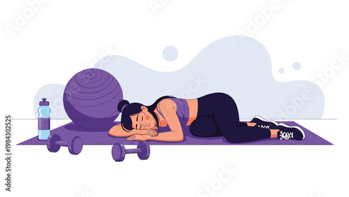 Exhausted young woman lying on yoga mat in gym after intense workout session with dumbbells and exercise ball around her on floor.