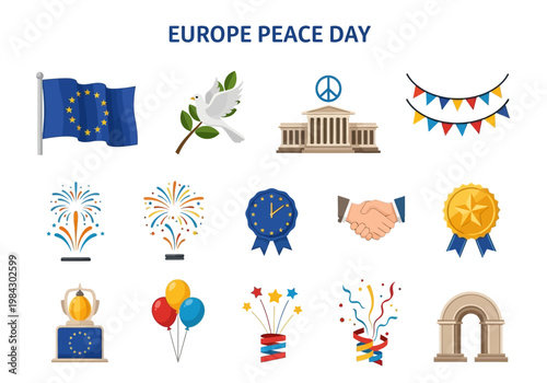 Collection of Icons for Europe Peace Day Celebration with EU Flag, Dove, and Arch