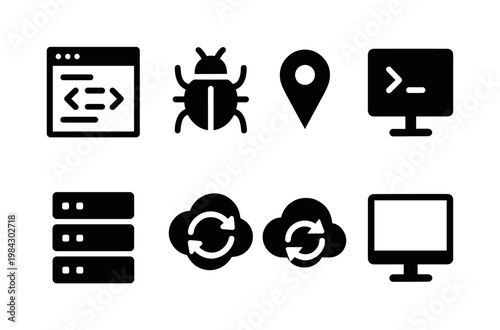 Coding environment tools: code editor window, syntax highlight lines, debug icon, breakpoint marker, console output, server rack, cloud sync, monitor screen.