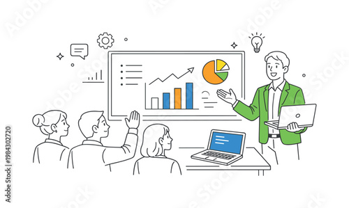 Digital presentation in a professional or business setting where a presenter shares information and insights with an audience using modern tools, represented by a large