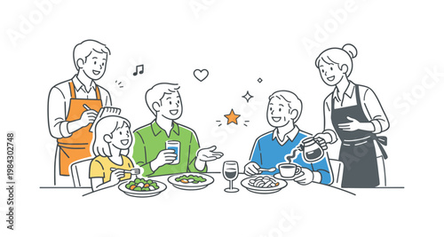 Restaurant service customer experience scenario showing diners enjoying their meals while interacting positively with attentive staff in a welcoming atmosphere, using a