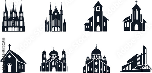 Collection of church building silhouettes in black