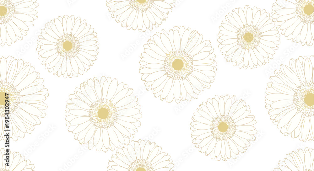 Fototapeta premium Delicate seamless pattern of light yellow daisy flowers and petals on a clean white background for spring nature wallpaper design.