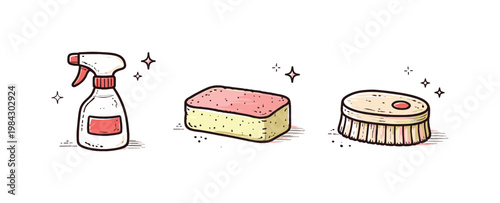 Simple cleaning basics theme a horizontal row of 3 related hand-drawn objects on a white background: a small spray bottle with a tiny red label, a simple sponge with a