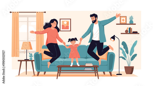 Happy energetic family with father mother and young daughter jumping on living room sofa having fun together at home on the weekend.