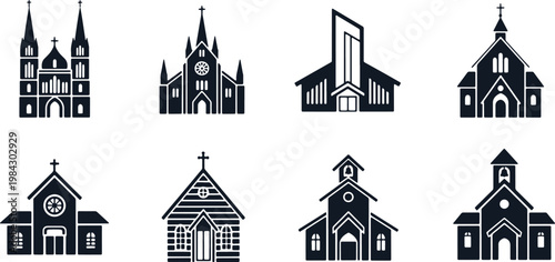 Collection of church building silhouettes in various architectural styles