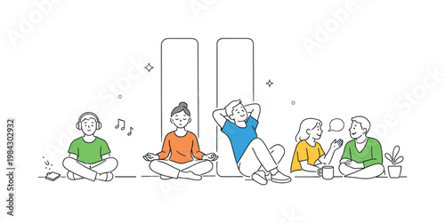 Person taking a mindful break from digital devices to reduce stress and regain focus in everyday life, visualized with a metaphor of a simple pause symbol combined with a
