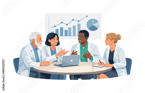 A collaborative seminar discussion with scientists exchanging ideas and analyzing results in a focused indoor setting, representing teamwork, critical thinking, and