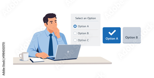 A professional refining decision making during a focused evaluation moment, sitting at a desk with a laptop while comparing a simple option selection panel with clear