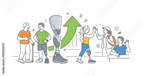 An assistive technology concept where individuals regain mobility and confidence through the use of a leg prosthesis, visualized by a small group interacting near a