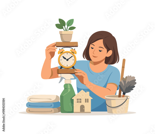 A person managing daily house chores in a calm home environment, organizing cleaning tasks and maintaining order as part of everyday routine, visual metaphor of a single