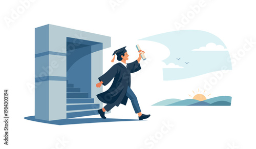 Graduation moment with a student celebrating completion of studies in an academic setting, representing achievement, transition, and personal growth after dedicated