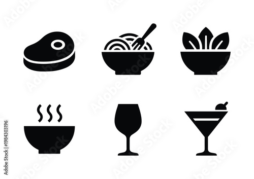 Restaurant menu items: steak, fish, pasta bowl, salad, soup bowl, dessert cake, wine glass, cocktail drink.