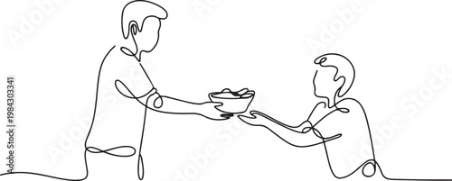Continuous one line of a volunteer handing food to another.one line drawing vector illustration