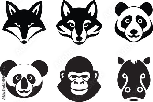 Animal face icon set vector silhouette isolated on white background