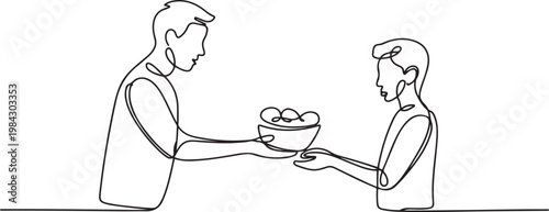 Continuous one line of a volunteer handing food to another.one line drawing vector illustration
