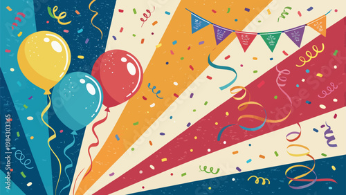 Vibrant party celebration poster with colorful balloons confetti and streamer for festive events and happy gatherings