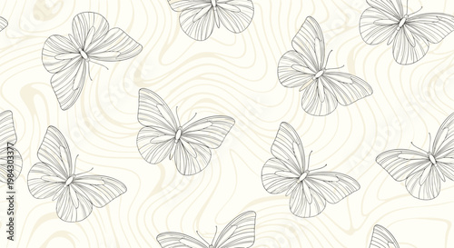 Delicate butterfly line art seamless pattern design for elegant textile wallpaper background.