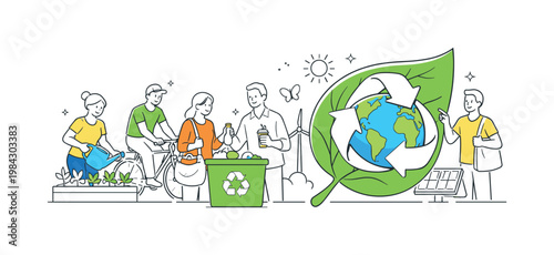 A sustainability awareness scenario where individuals adopt eco-friendly habits to reduce environmental impact in daily life, illustrated through a clean scene featuring
