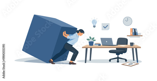 A workplace scenario focused on overcoming pressure and restoring productivity, depicted as a person gently pushing away a large heavy geometric shape from their