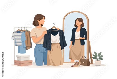 Personal styling session where an individual experiments with outfit combinations to achieve a desired look, emphasizing creativity, confidence, and lifestyle expression,