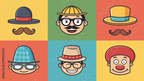 Cartoon faces with hats and mustaches in colorful squares for comedy and humor designs
