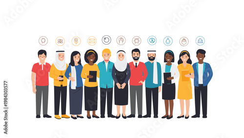 Diverse multi-ethnic group in traditional and modern clothing stands together under a row of environmental and social sustainability icons.