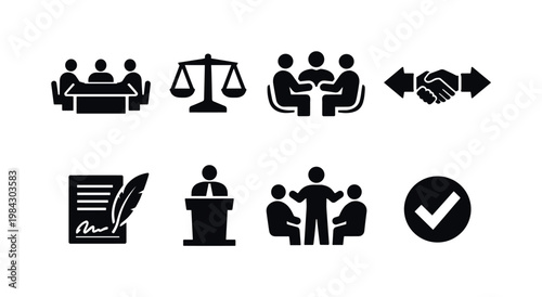 Political negotiation process: meeting table, balance scale, discussion group, compromise arrows, treaty paper, podium speech, mediator figure, decision checkmark.