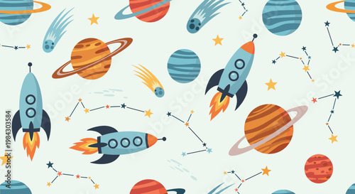 Whimsical space rockets and planets pattern illustration for a cosmic travel background.