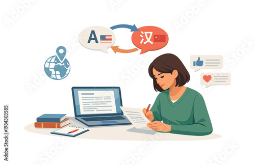 A translation process scene where an individual reviews and adapts text for different audiences, illustrating localization, attention to detail, and effective