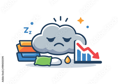 Chronic workplace stress concept emphasizing emotional exhaustion and imbalance between workload and recovery, a cloud icon paired with a small downward chart symbolizing
