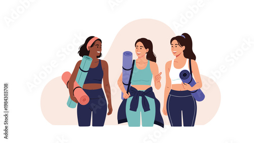 Diverse group of three fit young women in activewear walk together while carrying colorful yoga mats after a successful workout session.