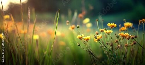 Ephemeral Glow Yellow Meadow Flowers in Soft Focus at Sunset, Ideal for Dreamy Nature Photography