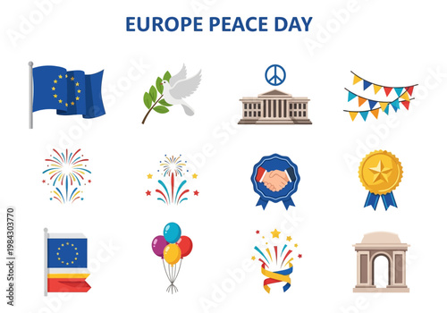 Europe Peace Day vector icon set celebrating unity, diplomacy, and harmony - graphic collection