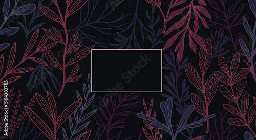 Elegant dark botanical pattern featuring flowing red and blue abstract leaves and vines perfect for sophisticated wallpaper or textile design.