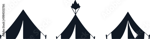 Black silhouettes of three different camping tents