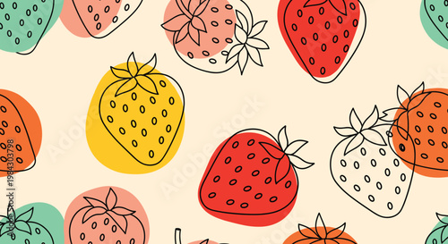 Colorful seamless pattern of hand-drawn strawberries and leaves for a fresh summer food background design.
